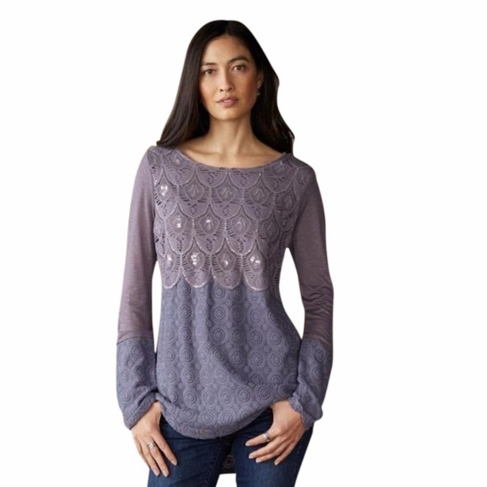 Sundance Gray Embroidered Lace Sequin Long Sleeve Top Size XL EUC Like New